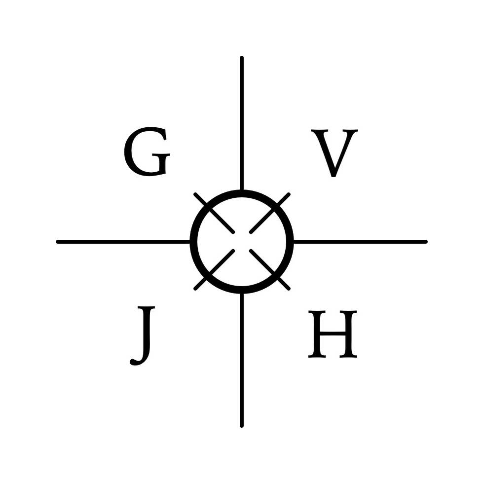 Grand Valley Journal of History Logo - A centralized circle with 4 short and 4 long lines radiating out of it